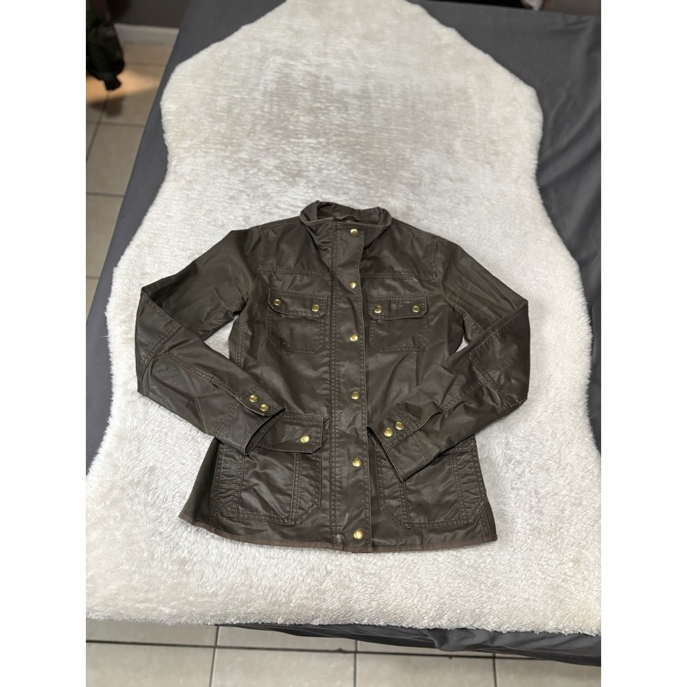 J Crew Downtown Field Jacket Womens XS Waxed‎ Cotton Military Preppy Green